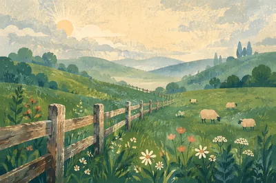 Rolling Green Hills with Rustic Fence