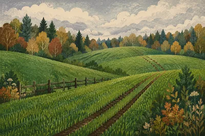 Rolling Green Hills with Rustic Fence