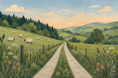 Rolling Green Hills Along Rural Farm Lane