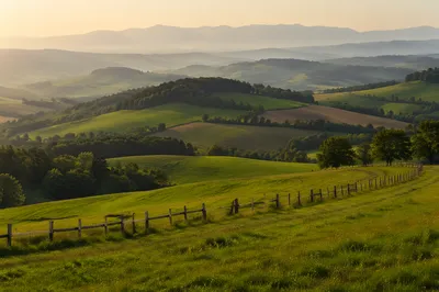 Rolling Green Hills with Rustic Fence Line