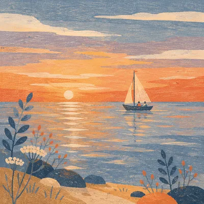 Peaceful Sailboat on Ocean Sunset Horizon