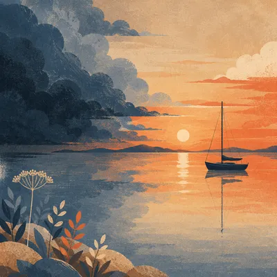 Peaceful Sailboat on Ocean Sunset Horizon