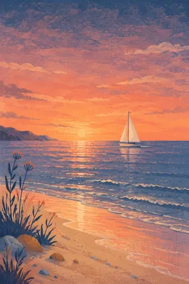 Peaceful Sailboat at Ocean Sunset Shore