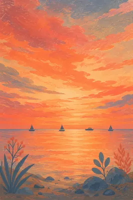 Peaceful Sailboats on Ocean Sunset Horizon