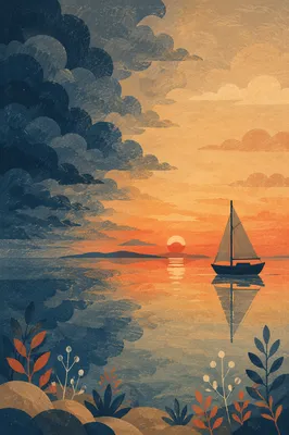 Peaceful Sailboat at Ocean Sunset
