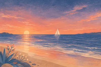 Peaceful Sailboat Ocean Sunset Shoreline