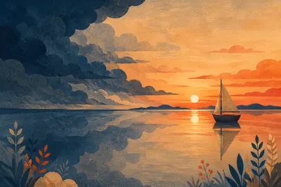 Peaceful Sailboat on Ocean Sunset Horizon