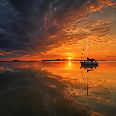 Peaceful Sailboat at Ocean Sunset