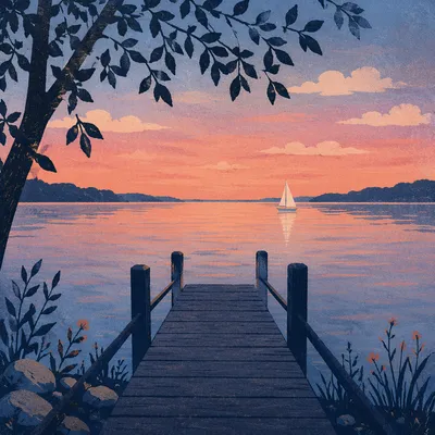 Sailboat on Calm Lake at Sunset
