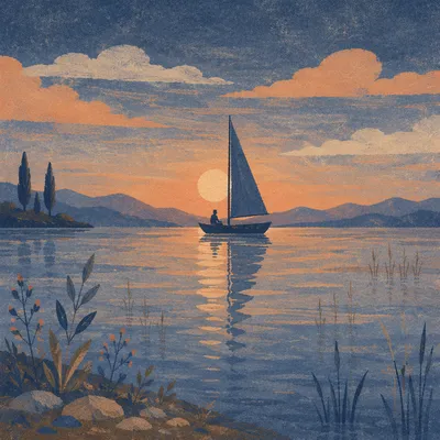 Sailboat on Calm Lake at Sunset