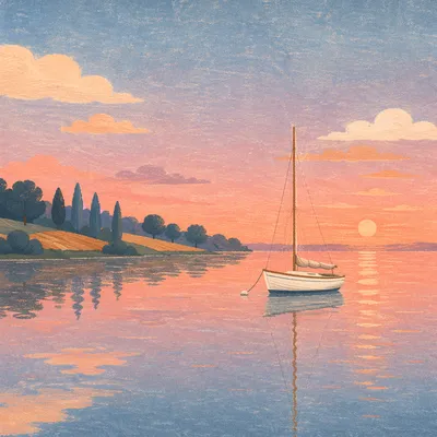 Sailboat on Calm Lake at Sunset