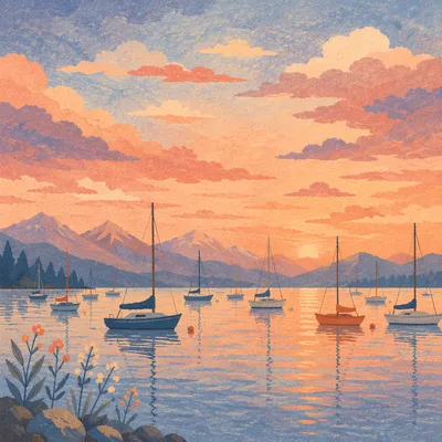 Sailboats on Calm Lake at Sunset