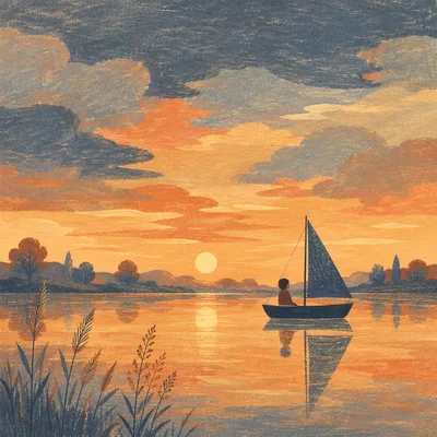 Sailboat Reflection on Calm Sunset Lake