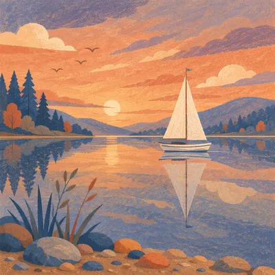 Peaceful Sailboat Reflection at Sunset Lake
