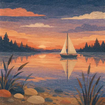 Sailboat on Calm Lake at Sunset