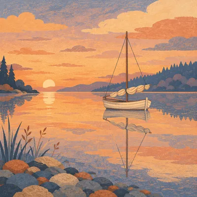 Peaceful Sailboat Sunset on Calm Lake
