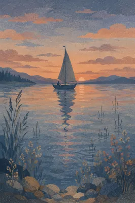 Sailboat on Calm Lake at Sunset