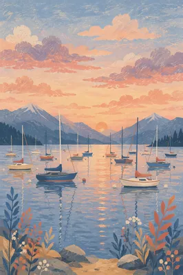 Sailboats on Calm Lake at Sunset