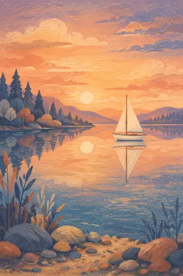 Solitary Sailboat at Sunset on Calm Lake