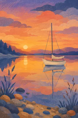 Peaceful Sailboat Sunset on Calm Lake