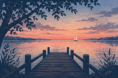Sailboat on Calm Lake at Sunset