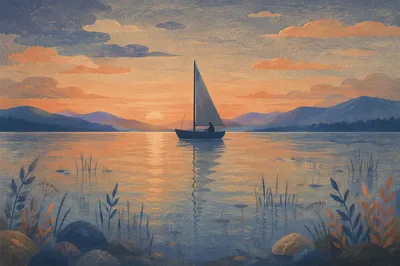 Sailboat on Calm Lake at Sunset