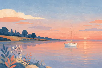 Calm Sailboat Reflection at Sunset Lake