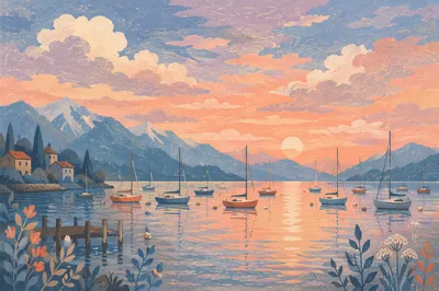 Calm Sailboats on Sunset Alpine Lake