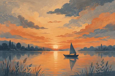 Peaceful Sailboat Sunset Over Calm Lake