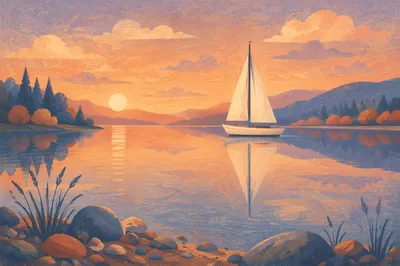 Solitary Sailboat on Calm Sunset Lake