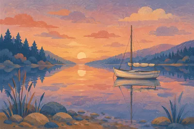 Peaceful Sailboat Reflection at Sunset Lake