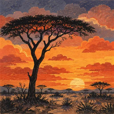 Savanna Sunset Acacia Silhouette