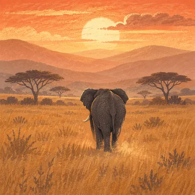 Elephant at Savanna Sunset with Acacia Silhouettes