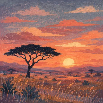 African Savanna Sunset with Acacia Silhouette