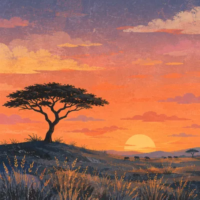 African Savanna Sunset with Acacia Silhouette