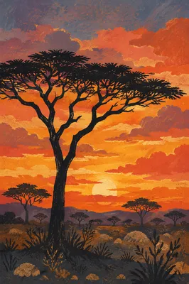 Acacia Silhouette Over Golden Savanna Sunset