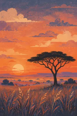 African Savanna Sunset with Acacia Silhouette