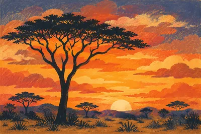 Acacia Silhouette Over African Savanna Sunset