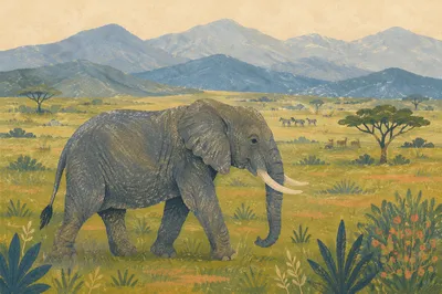 Elephant Crossing Green African Savanna