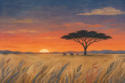 Savanna Sunset with Acacia Tree Silhouette