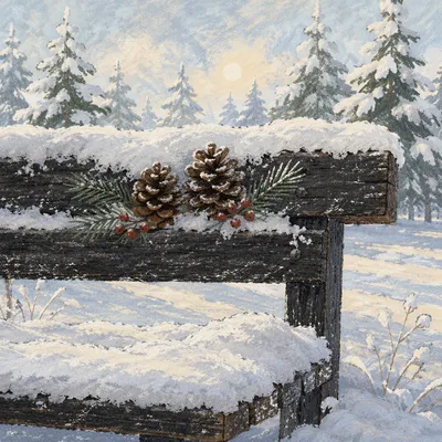 Snowy Pine Bench in Winter Wonderland