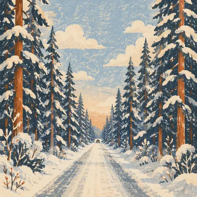 Snowy Pine Forest Road at Sunset
