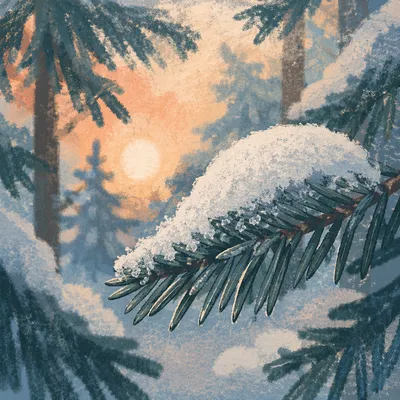 Snowy Pine Branch in Winter Forest