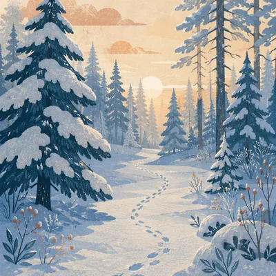 Snow Covered Pine Forest at Sunrise