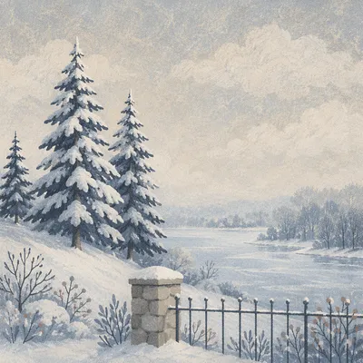 Snow Covered Pines in Misty Winter Landscape