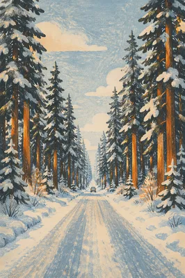 Snowy Pine Forest Road at Sunset