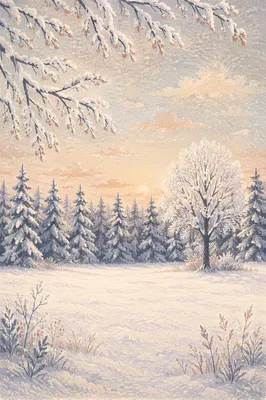 Snow Covered Pines in Winter Meadow