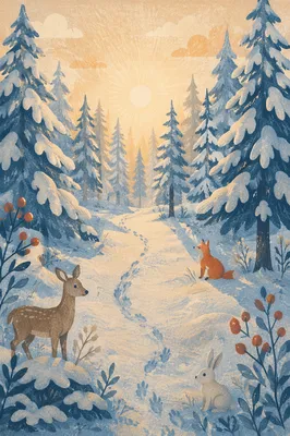 Snow Covered Pine Forest at Sunrise