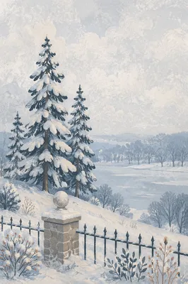 Snow Covered Pines in Misty Winter Wonderland