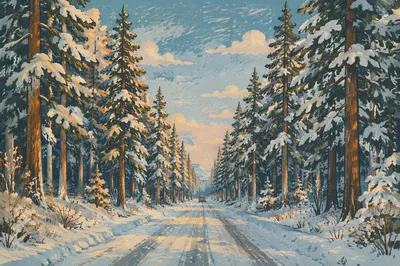Snow Covered Pine Forest Winter Road